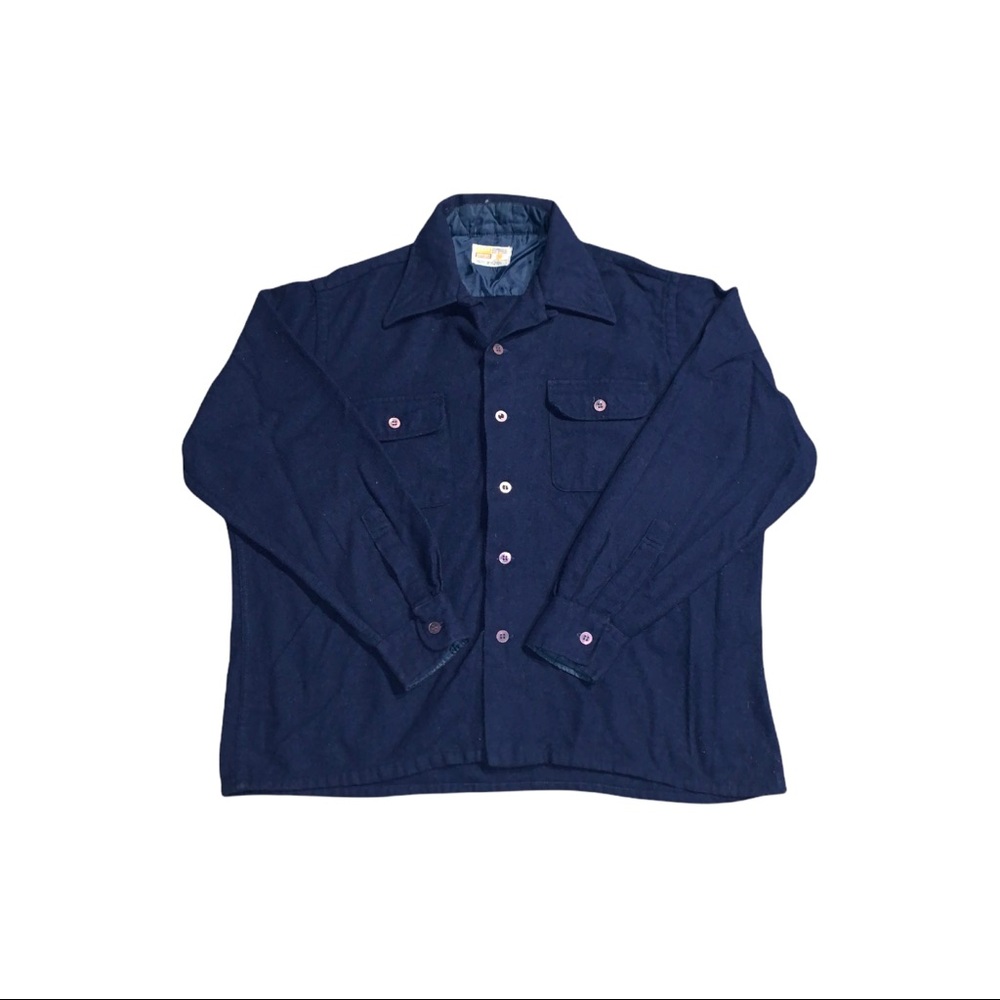 Vintage 60s 70s Cranbrook Wool Men’s Blue Button Down Shirt